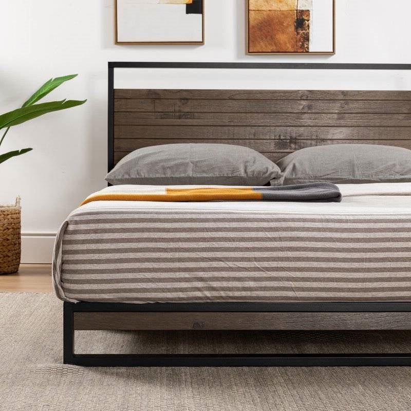 King size Modern Metal Wood Platform Bed Frame with Headboard in Gray