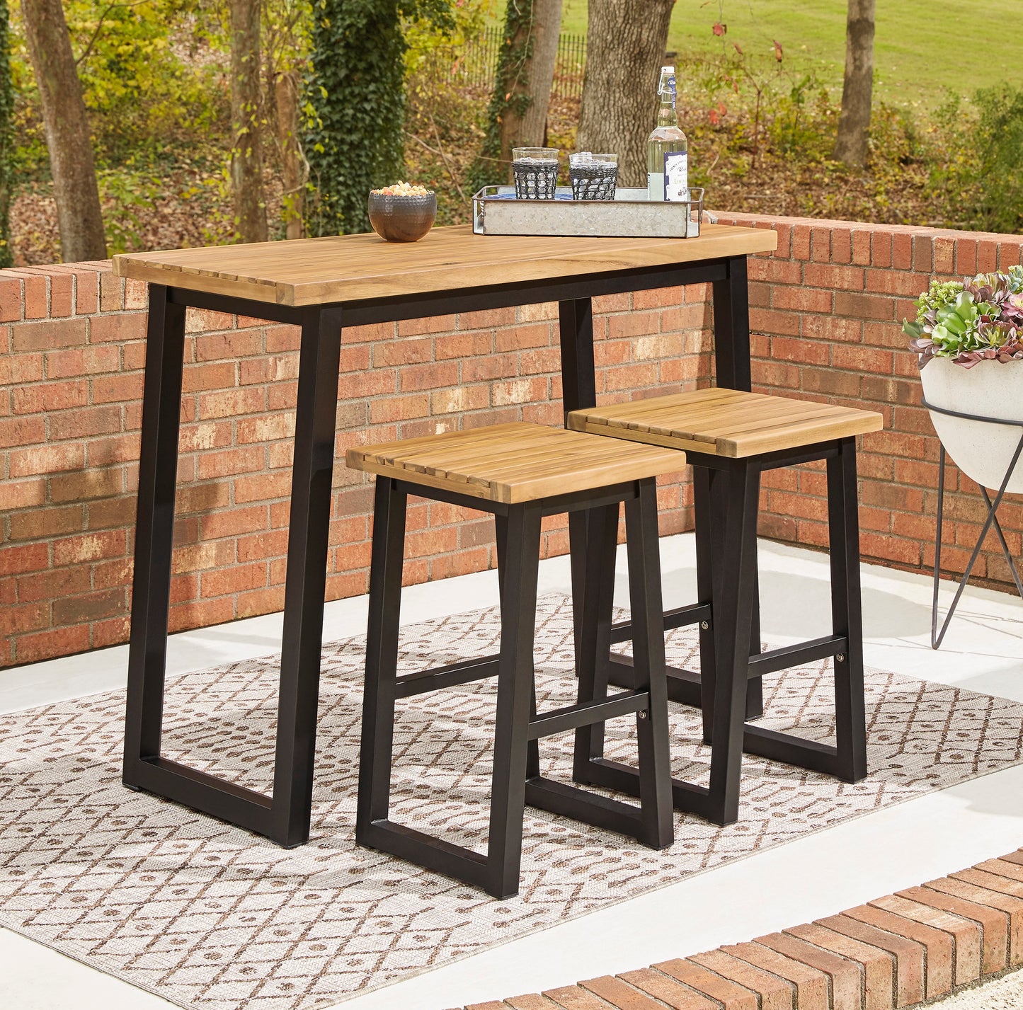 Ashley Signature Design Town Wood Outdoor Counter Table Set (Set of 3) Brown/Black P220-113