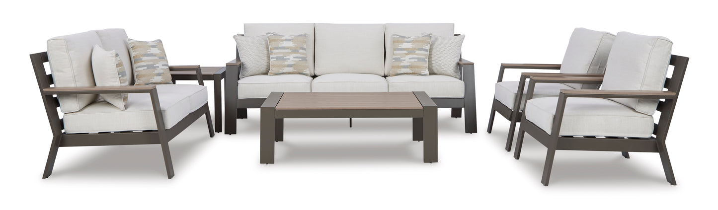 Ashley Signature Design Tropicava Outdoor Loveseat with Cushion Taupe/White P514-835