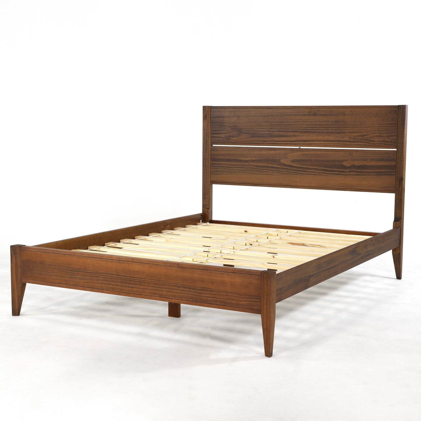 Full Size Rustic Walnut Mid Century Slatted Platform Bed