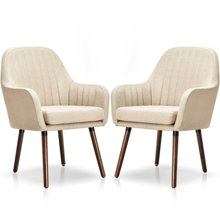 Set of 2 Retro Off-White Linen Upholstered Accent Chair with Stylish Wood Legs