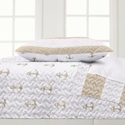 3 Piece Nautical Stripped/Anchors Reversible Microfiber Quilt Set Beige, King