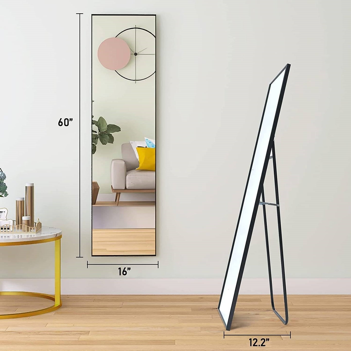 Modern Full Length Floor Mirror with Stand or Wall Mount with Black Frame