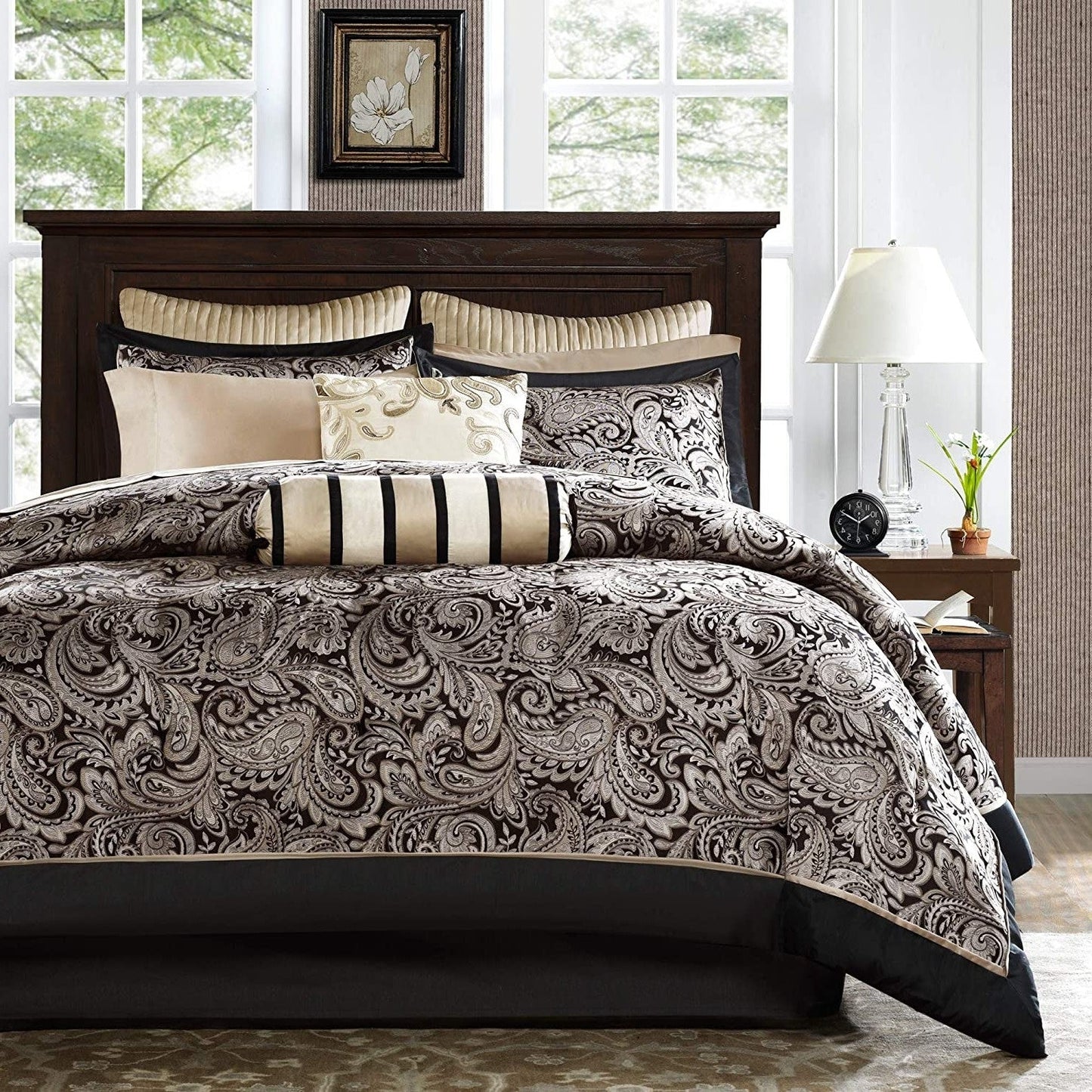 Queen 12 Piece Cotton Polyester Comforter Set Black Gold Paisley