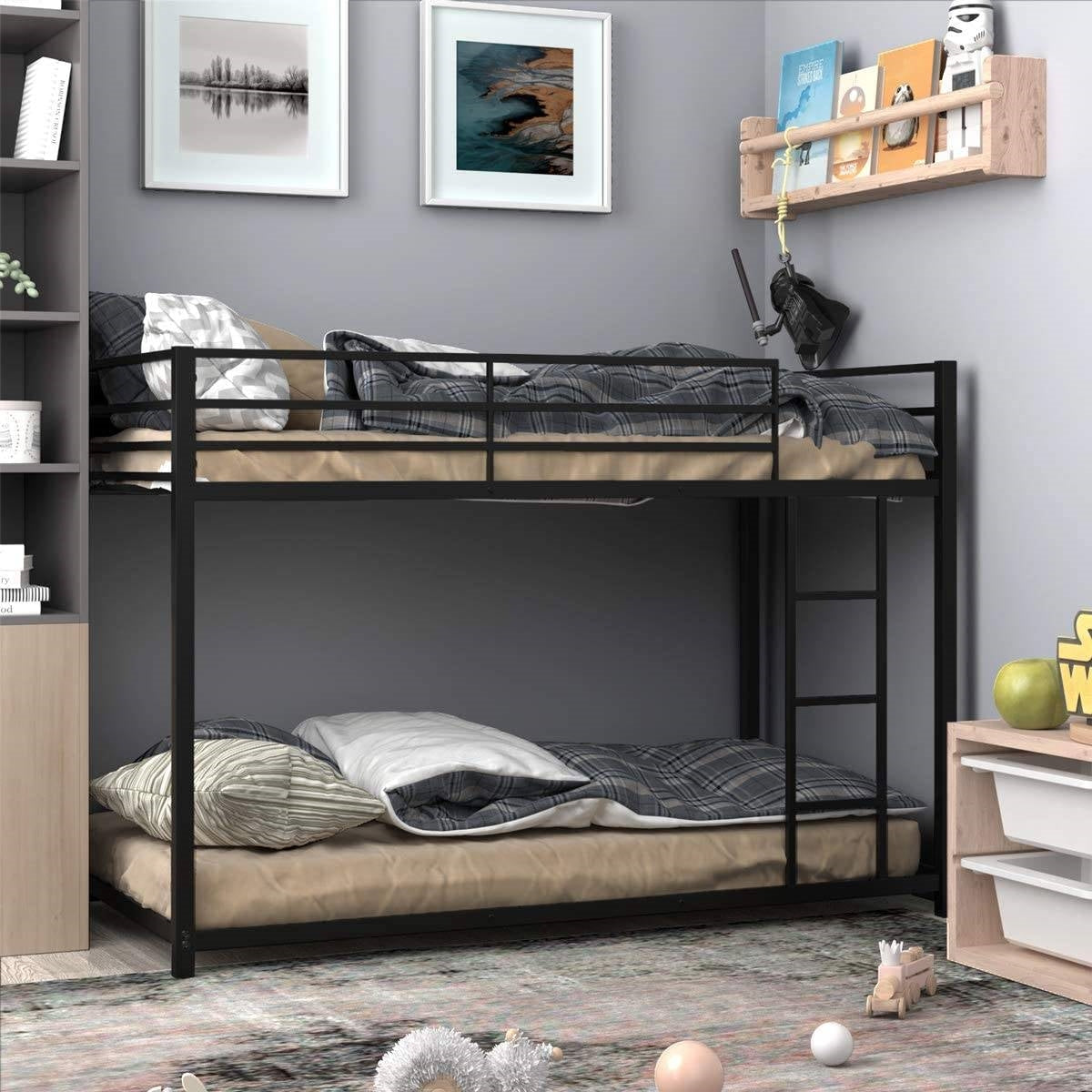 Twin over Twin Low Profile Modern Bunk Bed Frame in Black Metal Finish