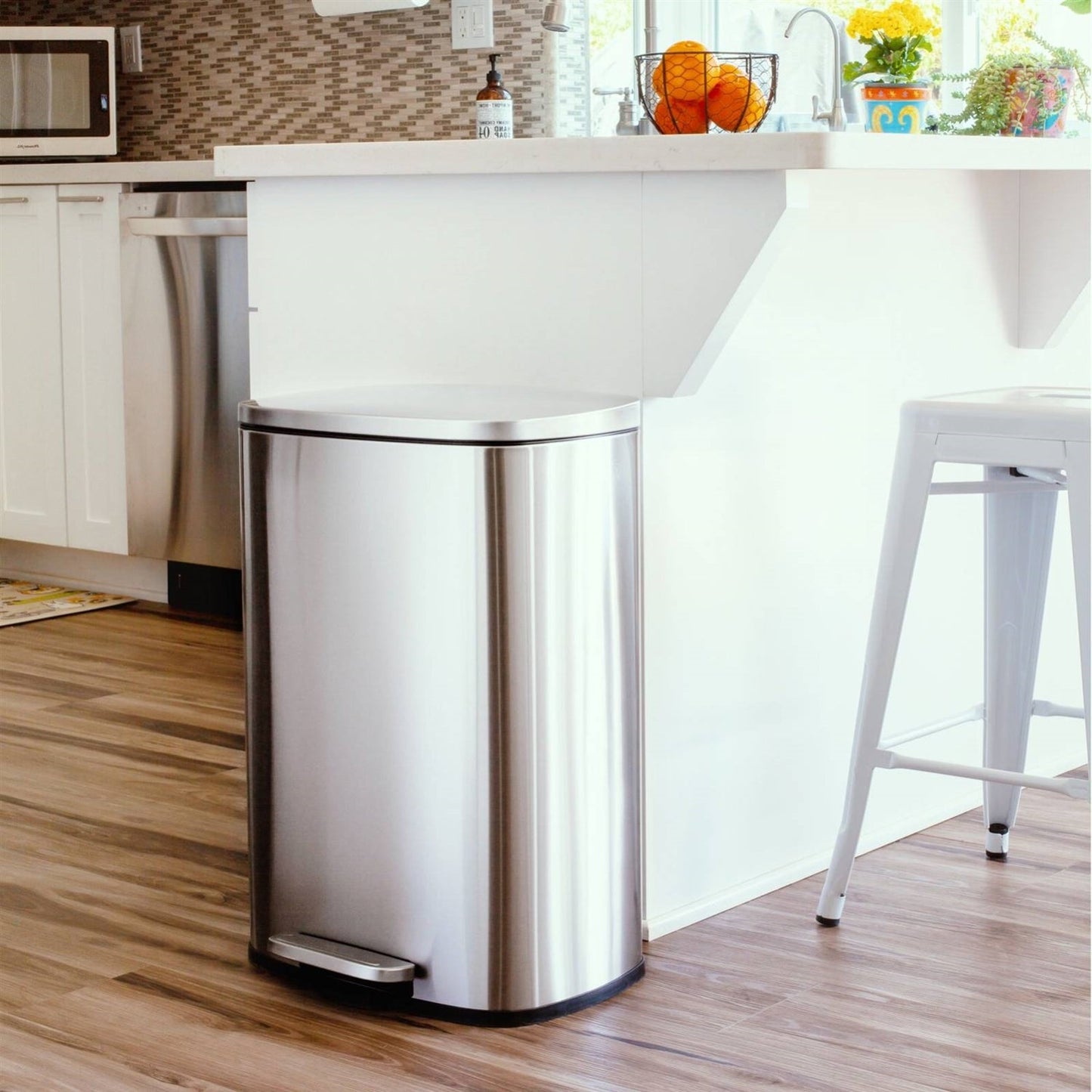 13 Gallon Brushed Stainless Steel Kitchen Trash Can with Step Open Lid