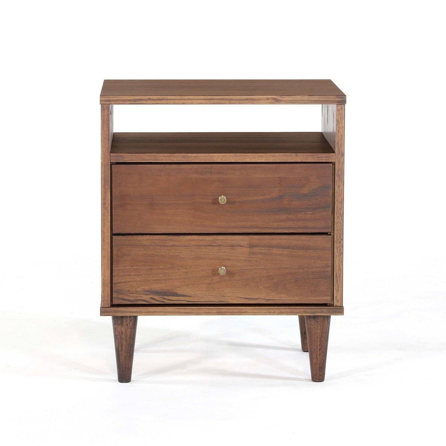 Farmhouse Rustic Walnut Mid Century 2 Drawer Nightstand