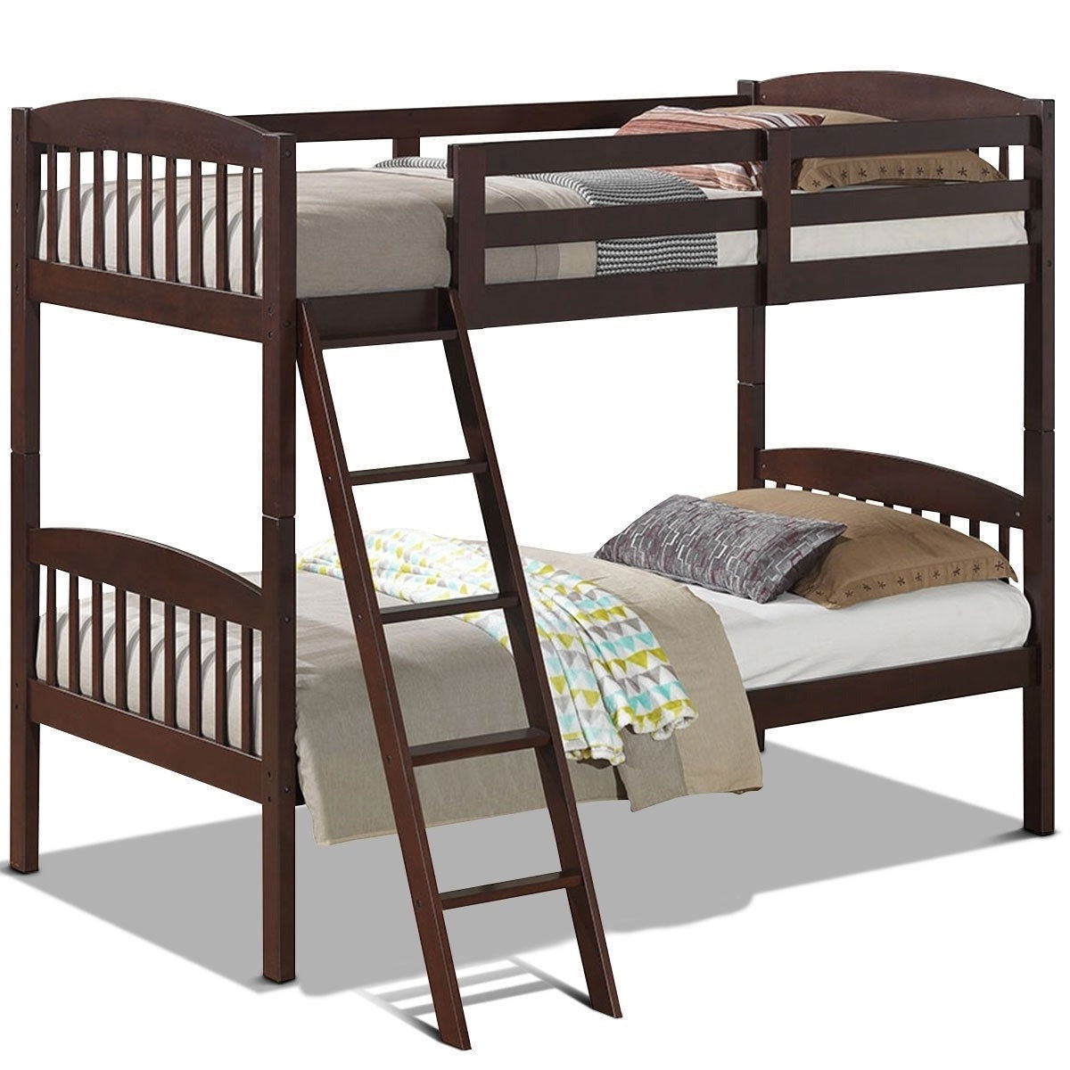 Twin over Twin Wooden Bunk Bed with Ladder in Dark Brown Finish