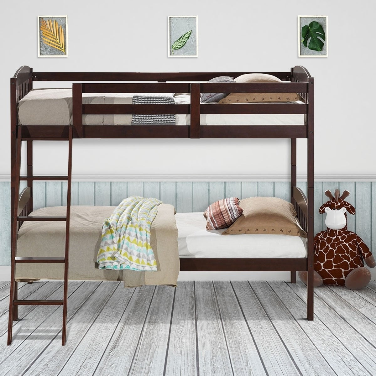 Twin over Twin Wooden Bunk Bed with Ladder in Dark Brown Finish