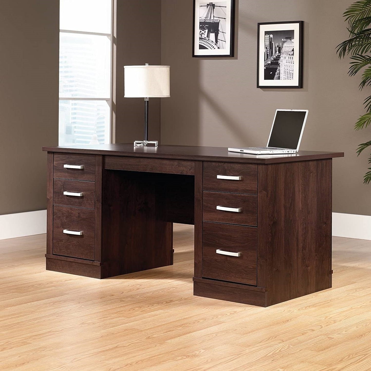 Dark Espresso Executive Computer Desk w/ Filing Cabinets Storage