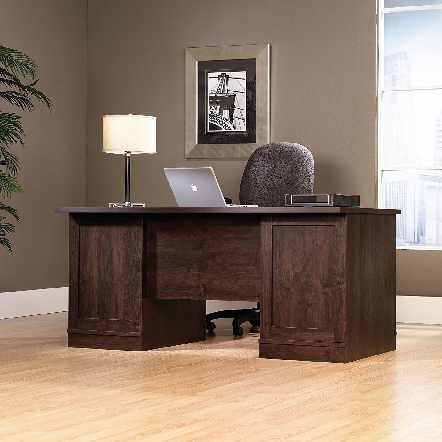 Dark Espresso Executive Computer Desk w/ Filing Cabinets Storage