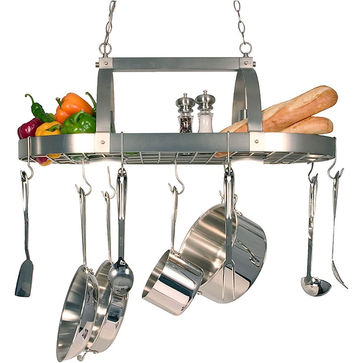 Rustic 2-Light 10 Hook Ceiling Mounted Hanging Pot Rack in Brushed Nickle