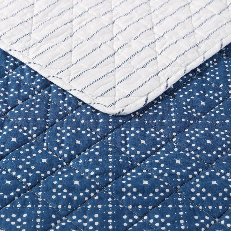 Full Queen Blue White Dots and Stripes 100-Percent Cotton Reversible Quilt Set