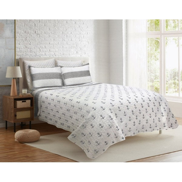 3 Piece Nautical Stripped/Anchors Reversible Microfiber Quilt Set Grey, Full/Queen