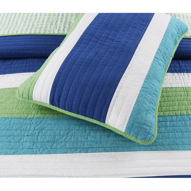 Full/Queen Navy Blue/Green/Teal/White Stripe 100-Percent Cotton Quilt Set