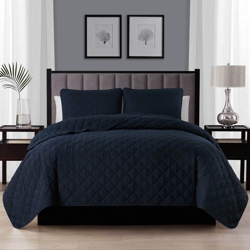 Full Queen 3-Piece Navy Blue Polyester Microfiber Reversible Diamond Quilt Set