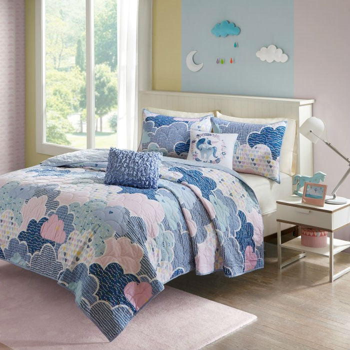 Twin/Twin XL Kids Blue Pink Unicorn Clouds Quilt Coverlet Bedspread Set