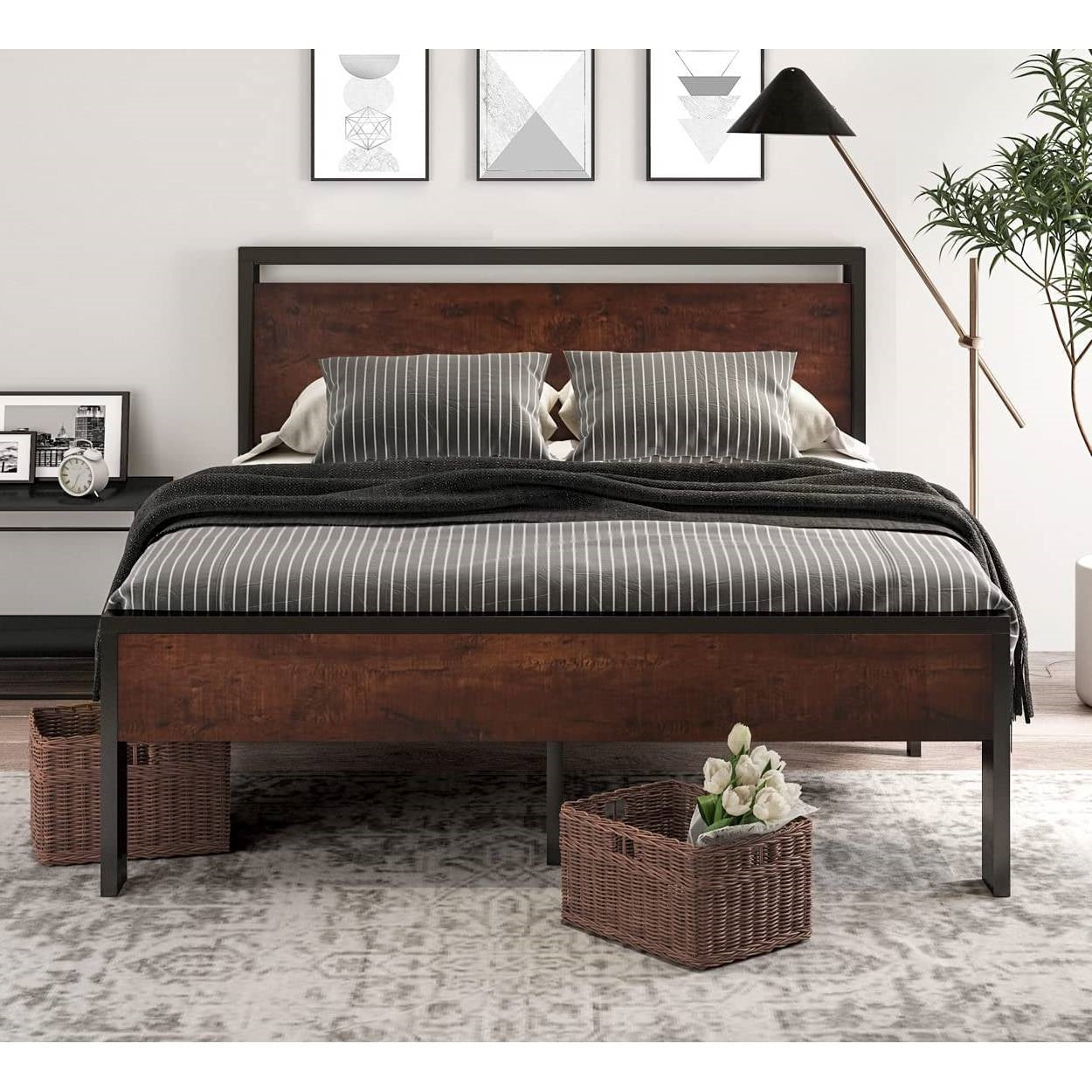 Full Metal Platform Bed Frame with Mahogany Wood Panel Headboard Footboard