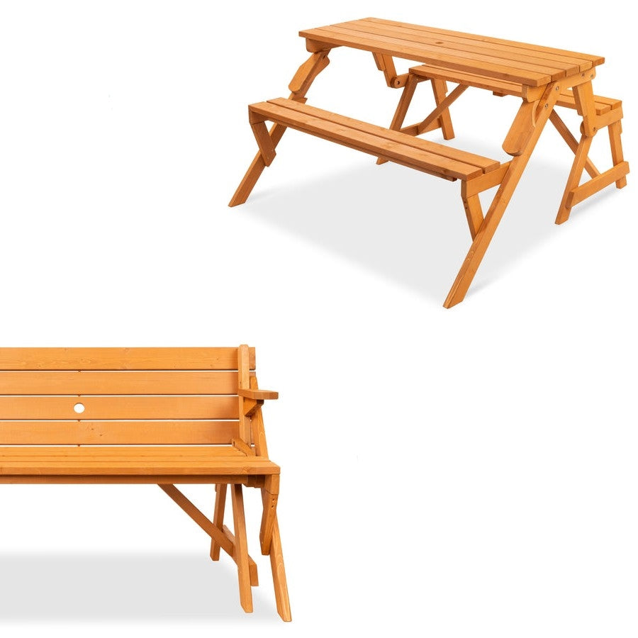 Outdoor Interchangeable 2 in 1 Multi-Use Wooden Picnic Table Garden Bench Umbrella Hole