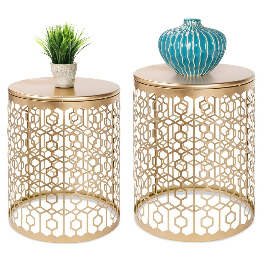 Set Of 2 Circle Charm Round Accent Table Nightstand Gold