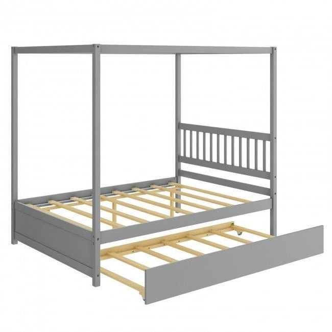 Gray Full Size Canopy Platform Bed with Twin Roller Trundle Bed