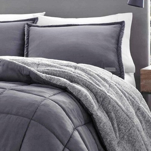 Full/Queen Plush Sherpa Reversible Micro Suede Comforter Set in Gray