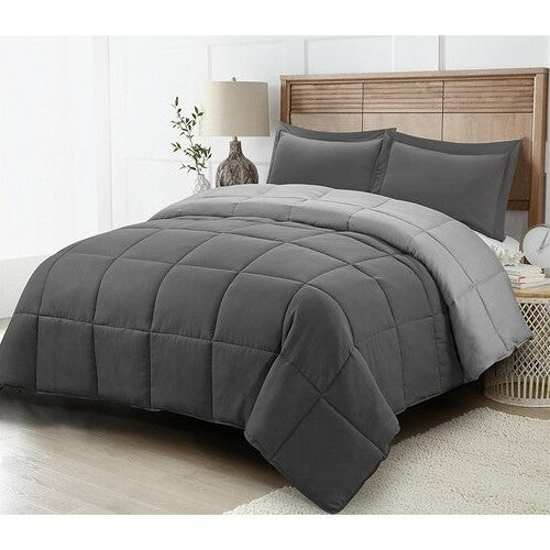 King/Cal King Traditional Microfiber Reversible 3 Piece Comforter Set in Grey