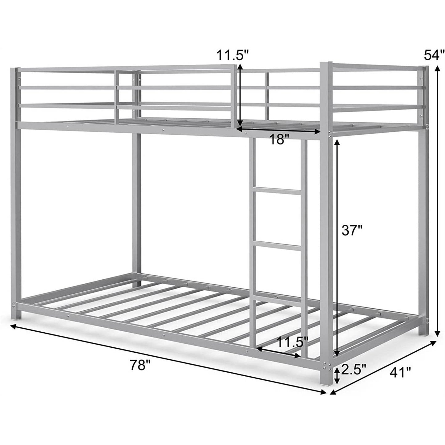 Twin over Twin Low Profile Modern Bunk Bed in Silver Metal Finish