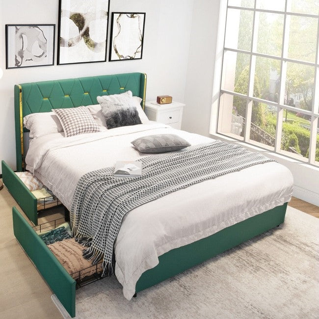 Queen Size Green/Gold Linen Headboard 4 Drawer Storage Platform Bed