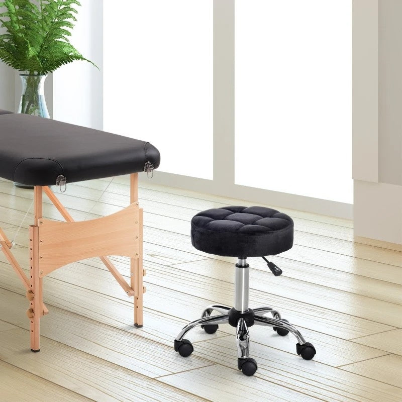 Black Button Tufted Adjustable Rolling Massage Swivel Salon Stool