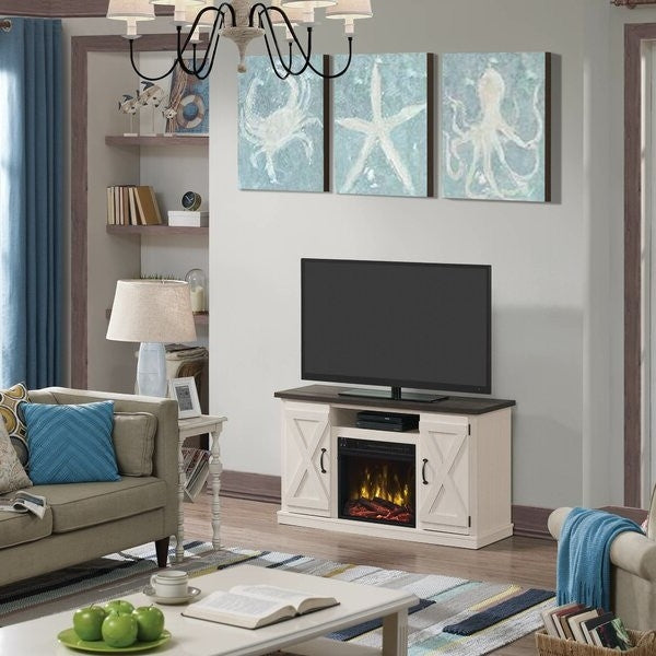 FarmHouse Rustic Ivory/Espresso TV Entertainment Electric Fireplace