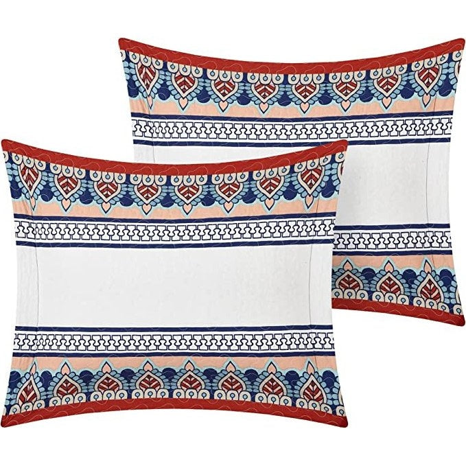 King size 4 Piece Cotton Blue White Boho Geometric Reversible Quilt Set