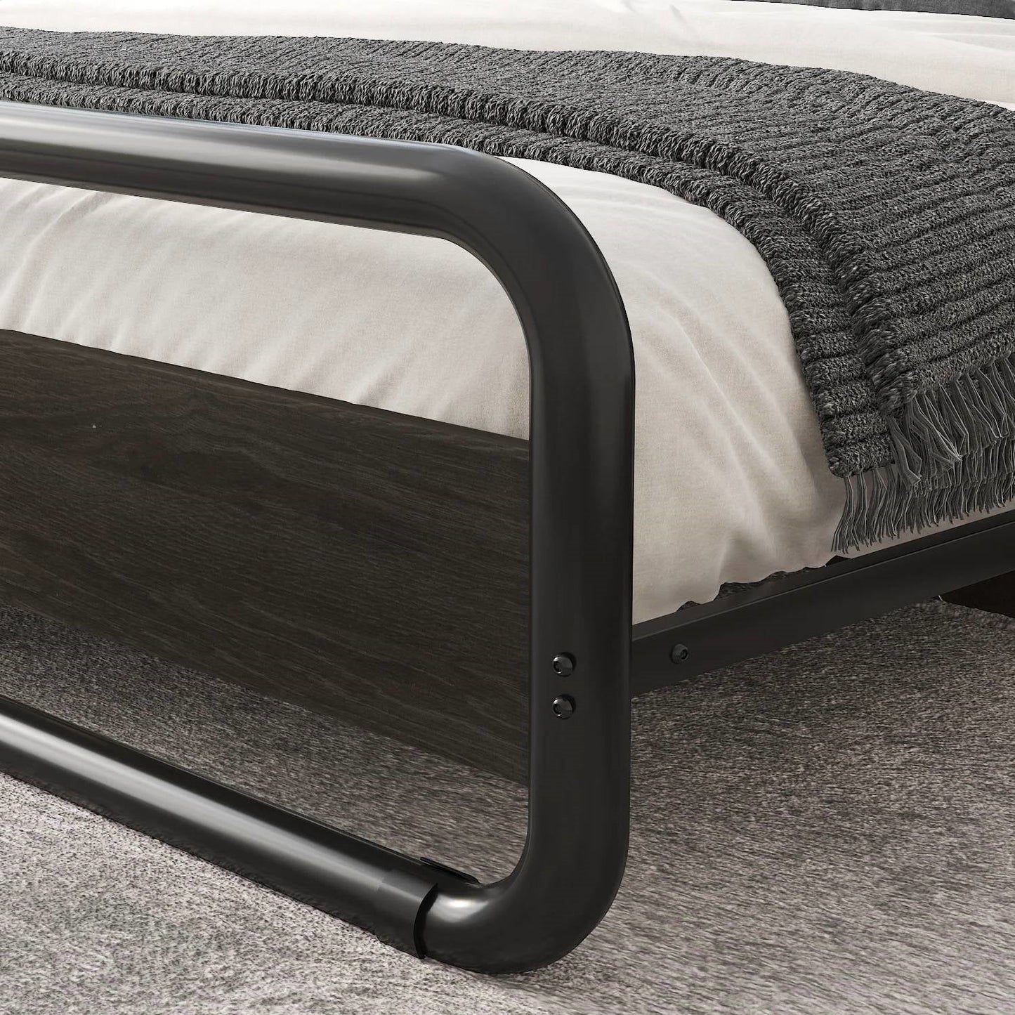 King Heavy Duty Round Metal Frame Platform Bed with Black Wood Panel Headboard