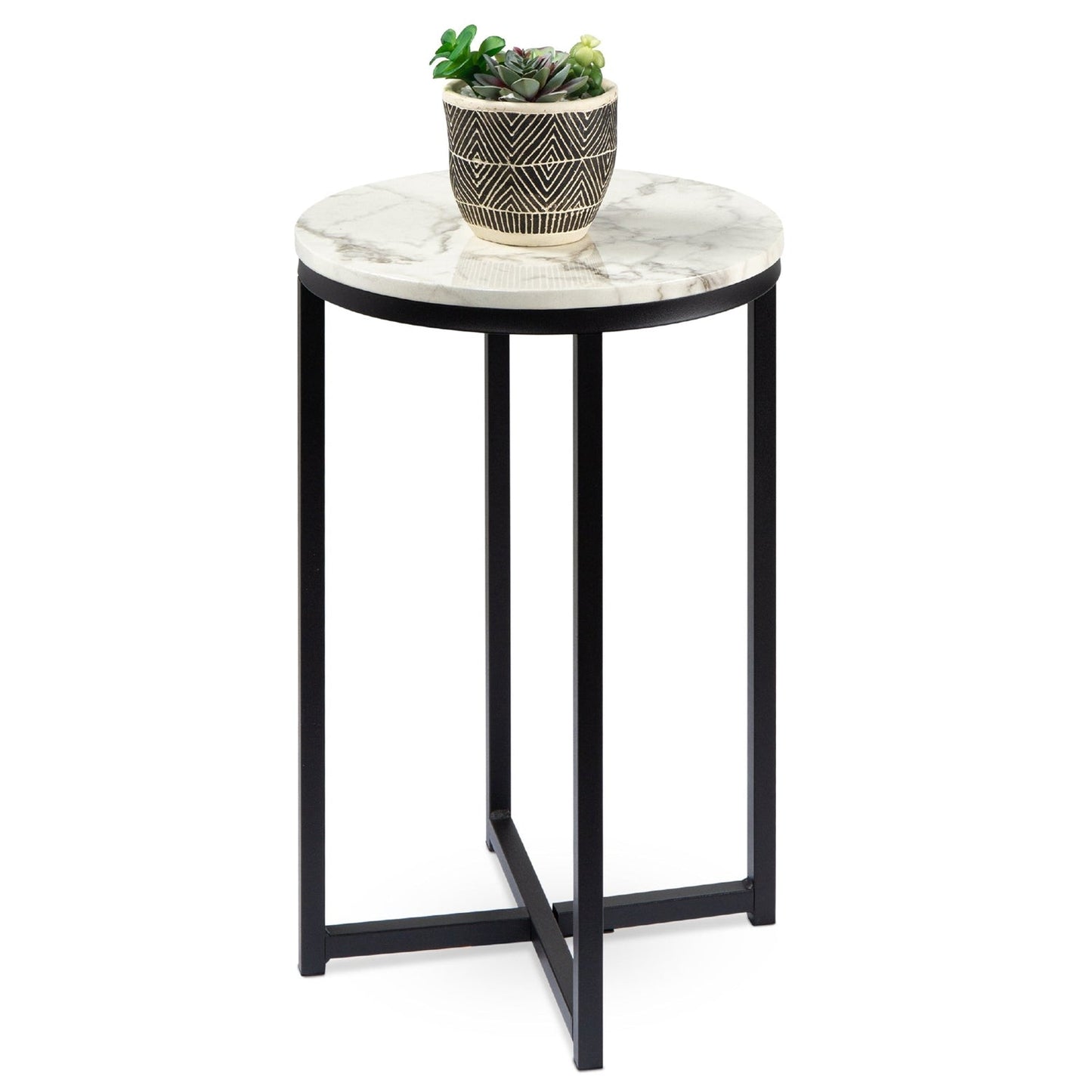 Round Cross Leg Design Coffee Side Table Nightstand with Faux Marble Top White/Matte Black