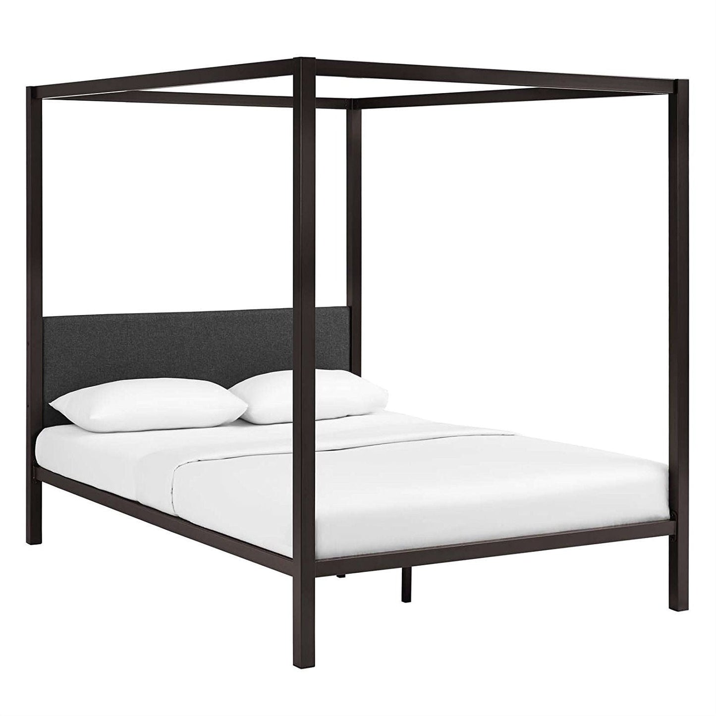 Queen size Brown Metal Canopy Bed Frame with Grey Upholstered Headboard