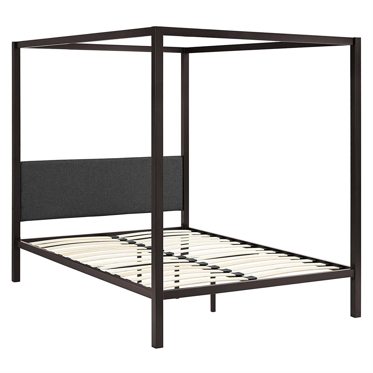 Queen size Brown Metal Canopy Bed Frame with Grey Upholstered Headboard