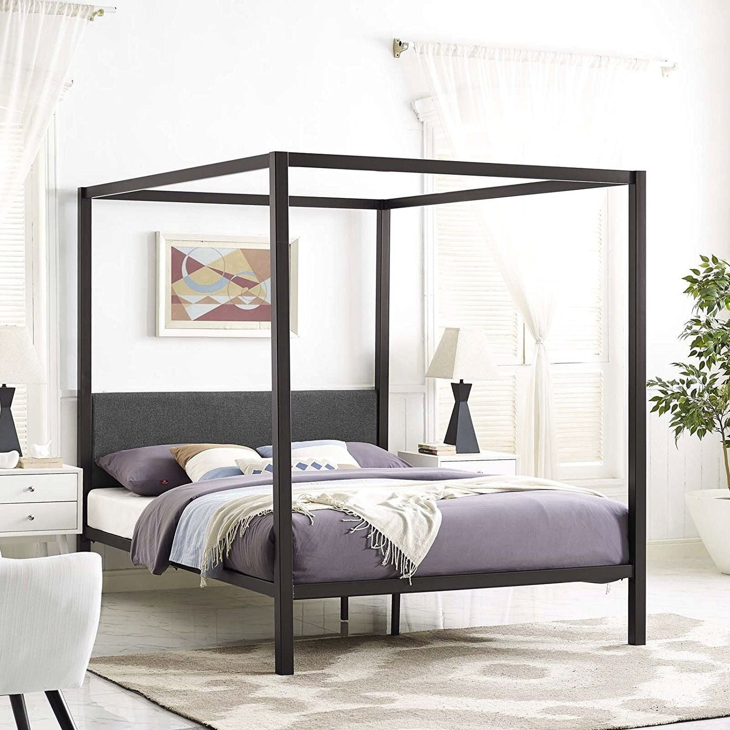 Queen size Brown Metal Canopy Bed Frame with Grey Upholstered Headboard