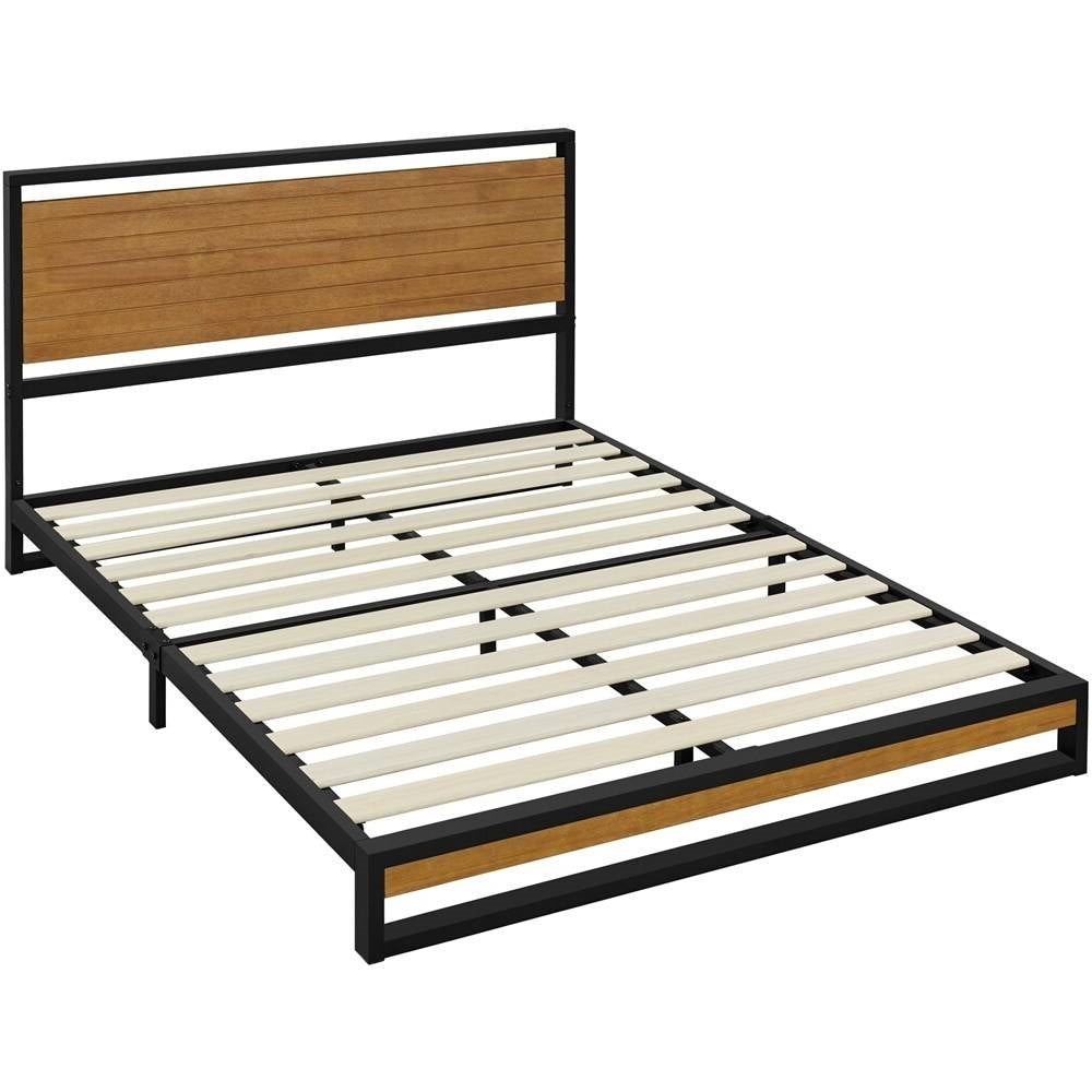 Full size Modern Metal Platform Bed Frame with Solid Brown Wood Slatted Headboard