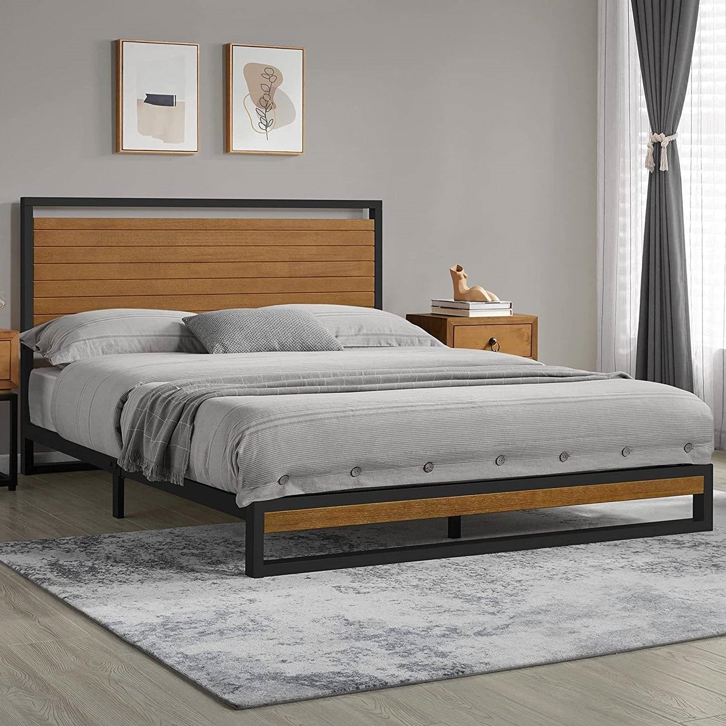 Full size Modern Metal Platform Bed Frame with Solid Brown Wood Slatted Headboard