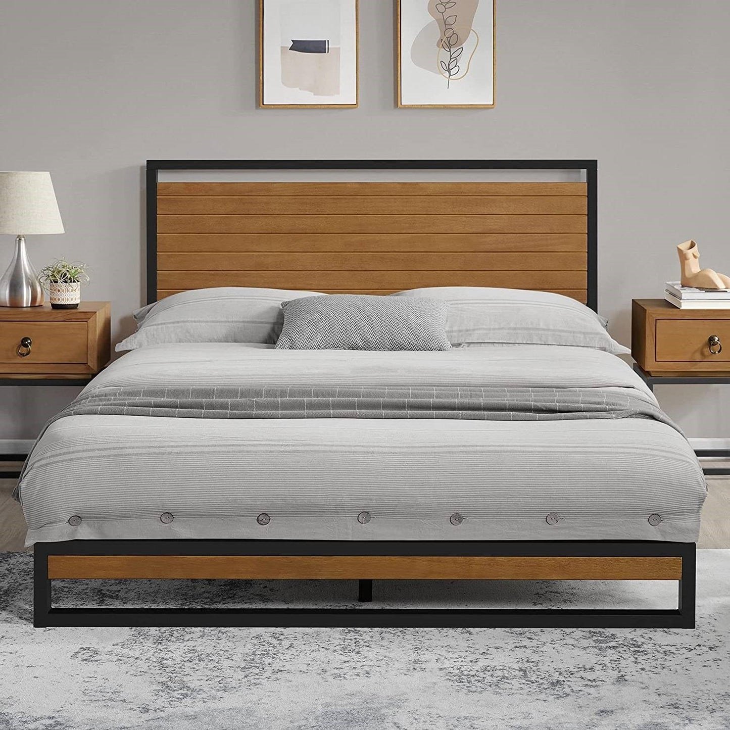 Full size Modern Metal Platform Bed Frame with Solid Brown Wood Slatted Headboard