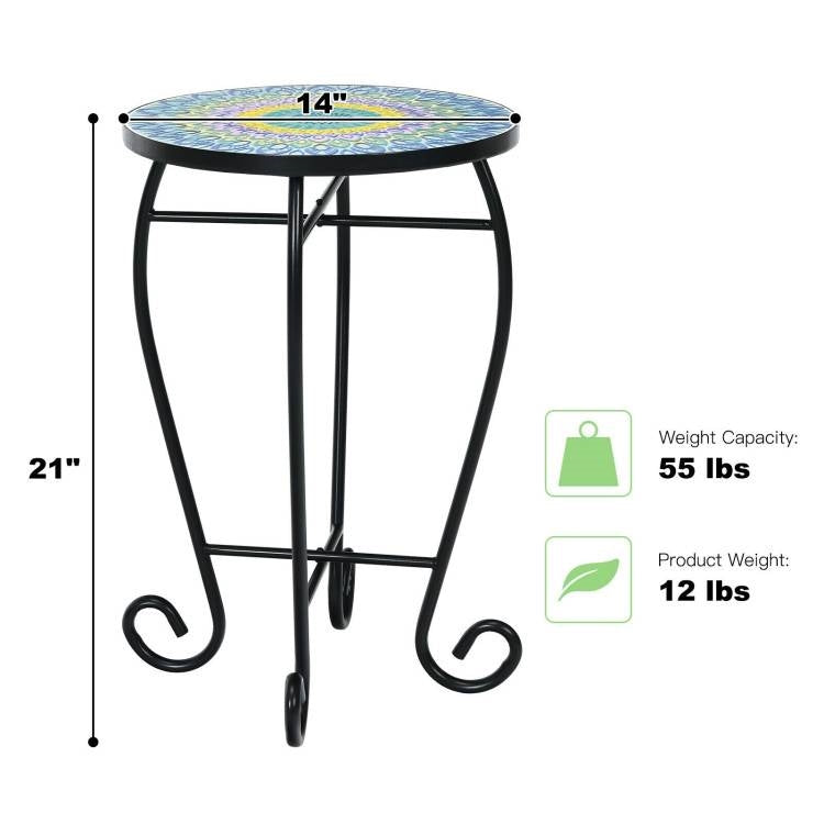 Indoor/Outdoor Blue Yellow Green Mosaic Round Side Accent Table Plant Stand