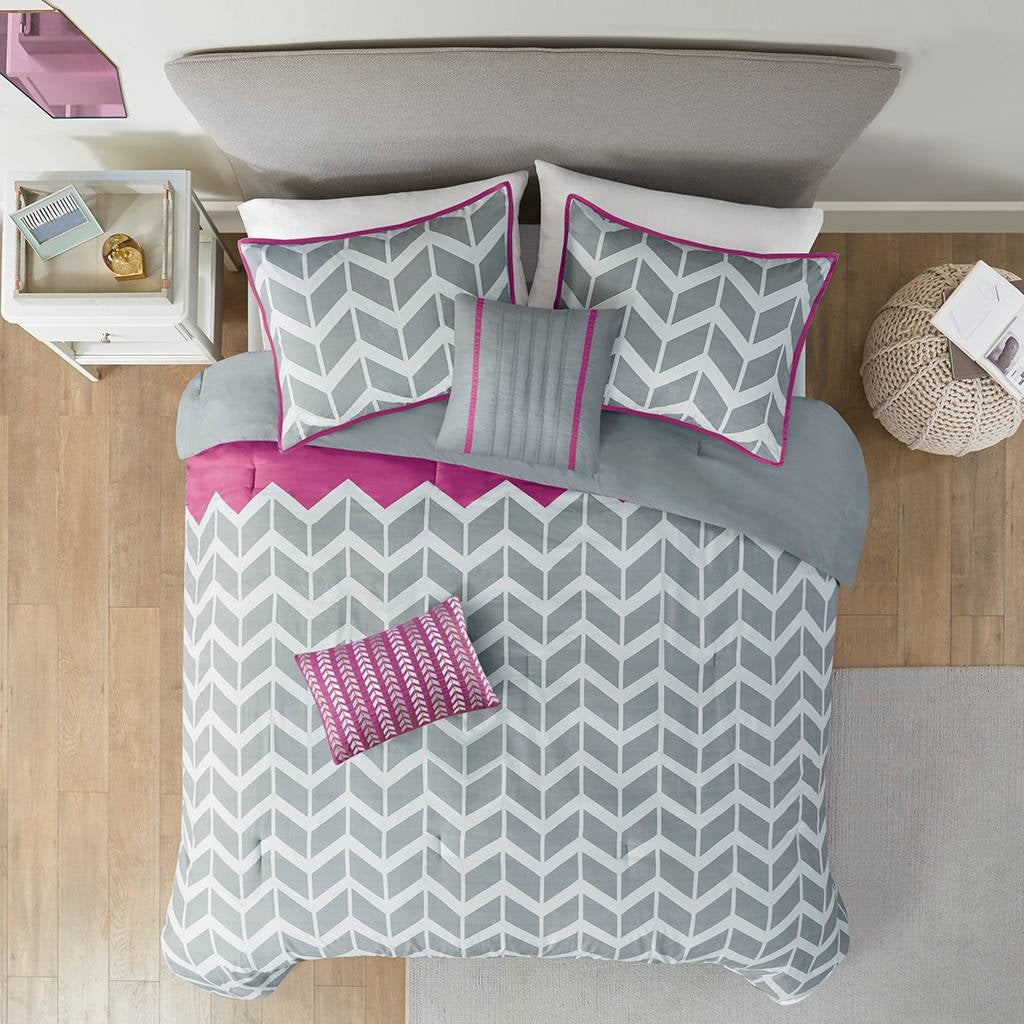 Twin Reversible Comforter Set with Grey White Purple Pink Chevron Pattern