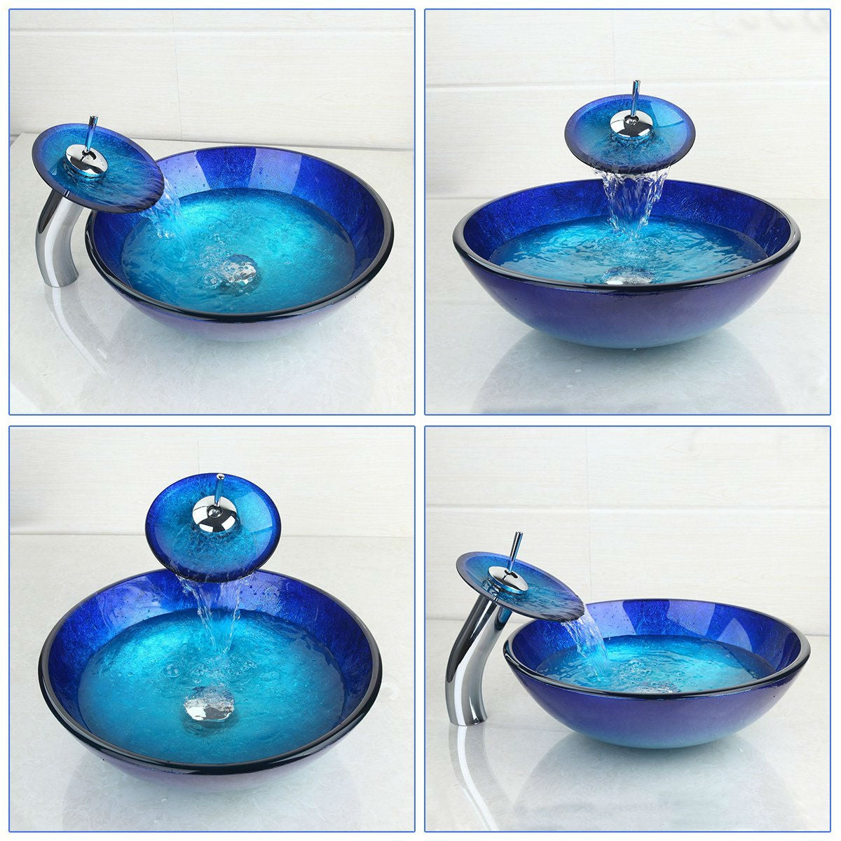 Modern Blue Glass Bathroom Vessel Sink and Faucet with Chrome Drain