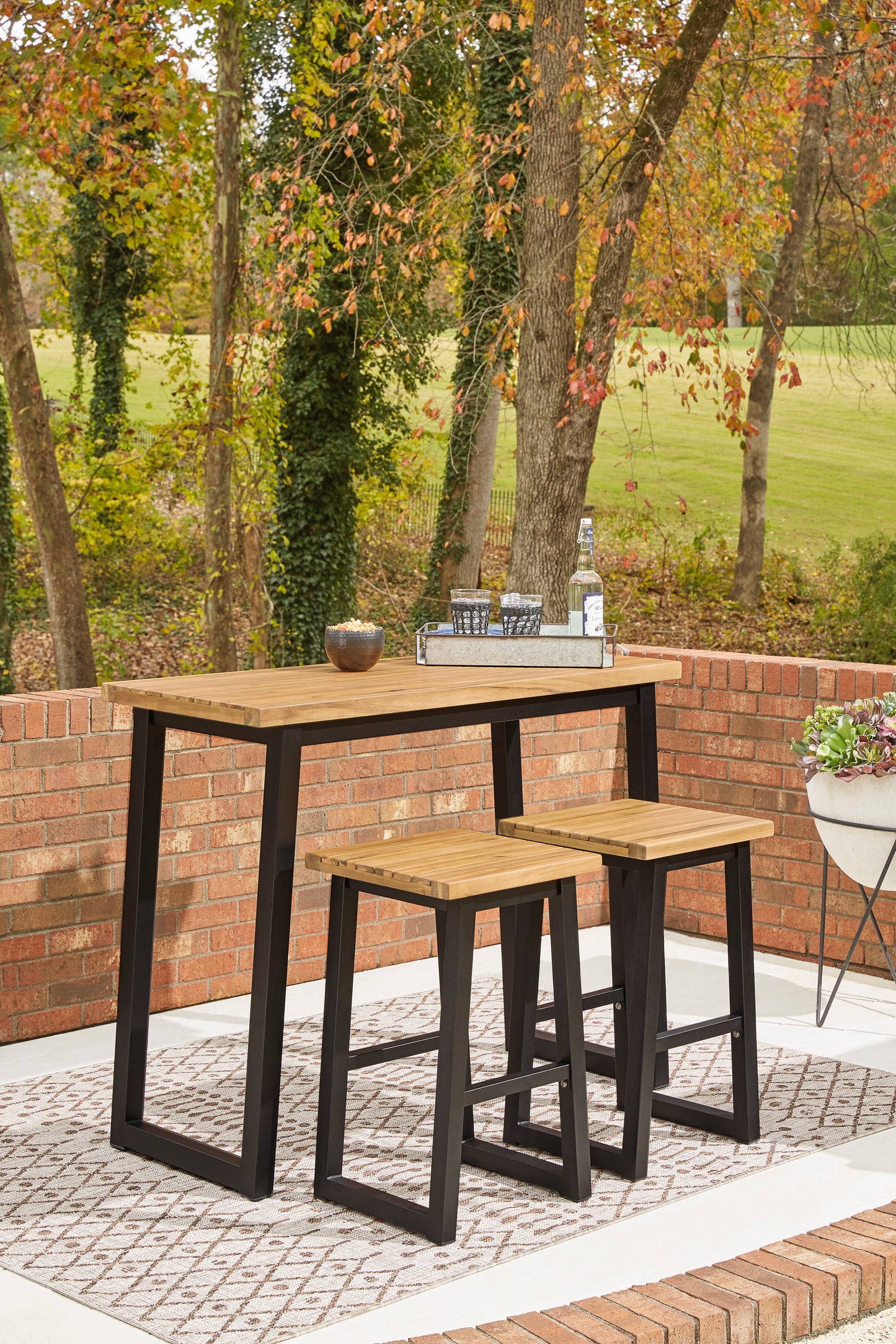 Ashley Signature Design Town Wood Outdoor Counter Table Set (Set of 3) Brown/Black P220-113