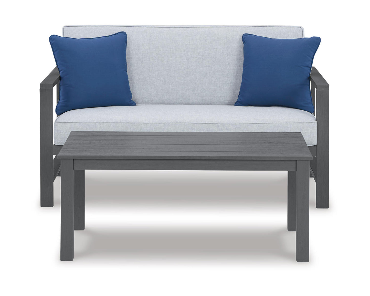 Ashley Signature Design Fynnegan Outdoor Loveseat with Table (Set of 2) Black/Gray;Blue P349-034