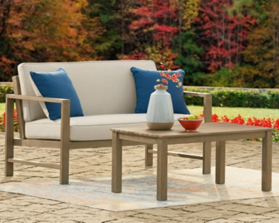 Ashley Signature Design Fynnegan Outdoor Loveseat with Table (Set of 2) Light Brown P349-035