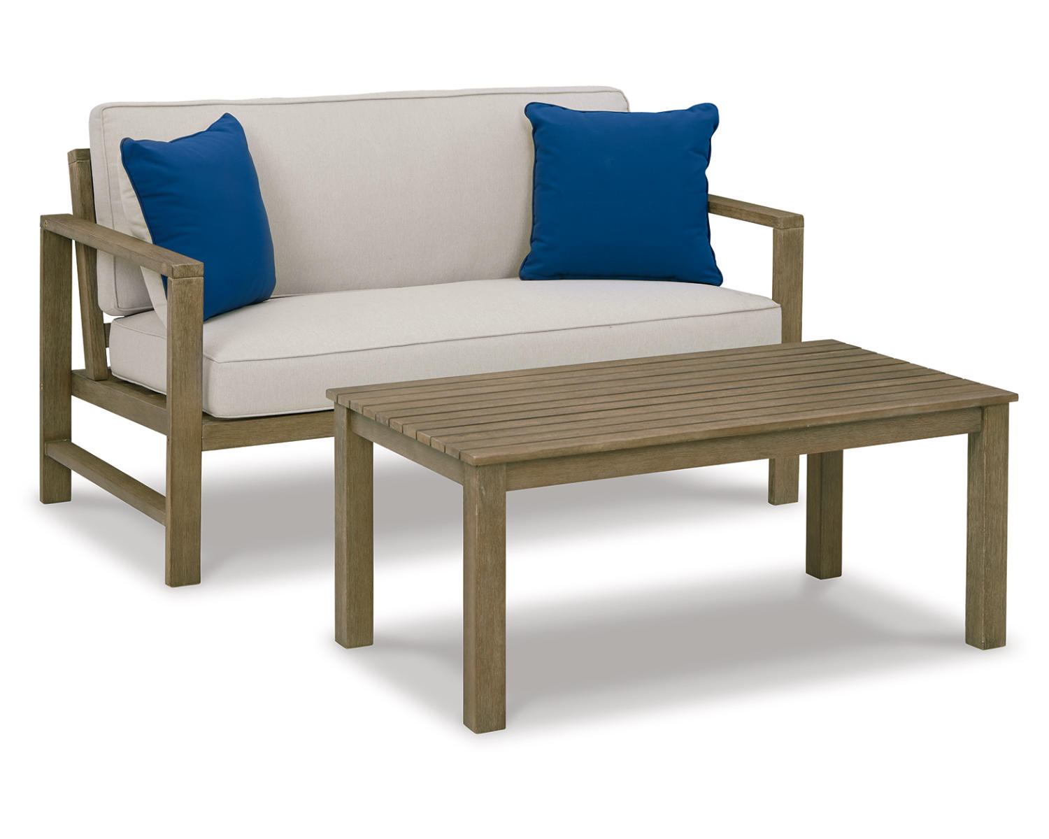 Ashley Signature Design Fynnegan Outdoor Loveseat with Table (Set of 2) Blue;Brown/Beige P349-035