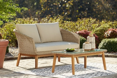 Ashley Signature Design Crystal Cave Outdoor Loveseat with Table (Set of 2) Beige P350-035