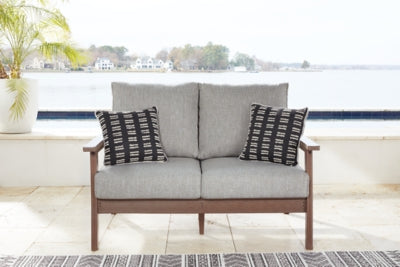 Ashley Signature Design Emmeline Outdoor Loveseat with Cushion Brown/Beige P420-835