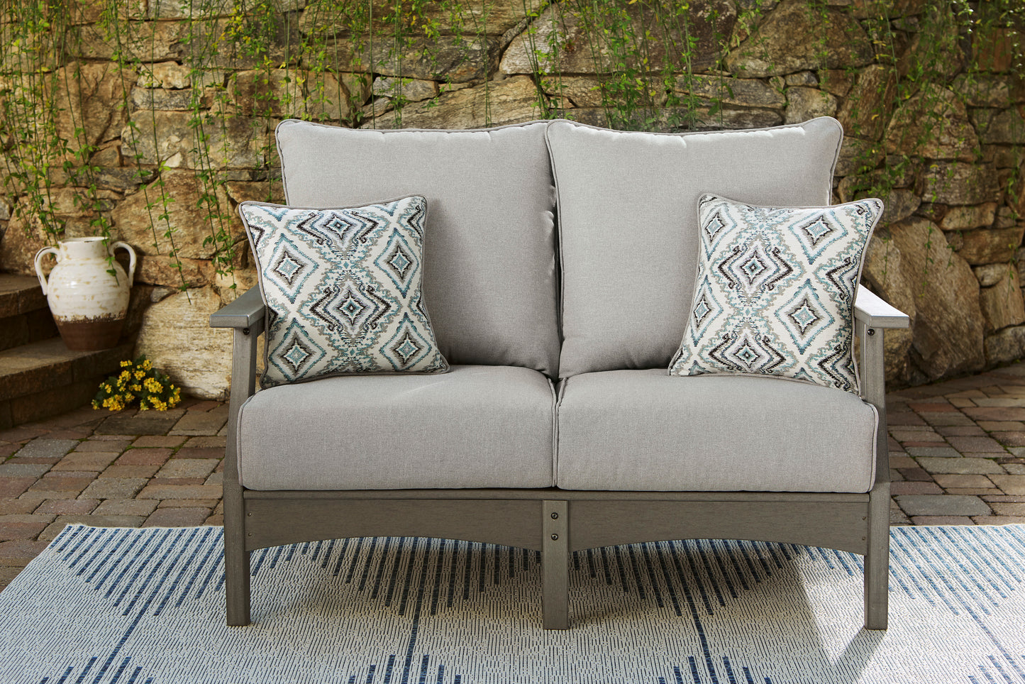 Ashley Signature Design Visola Outdoor Loveseat with Cushion Gray P802-835